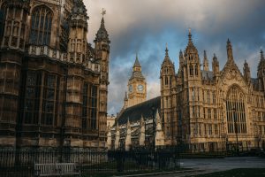 Stunning view of the Palace of Westminster's gothic architecture with Big Ben, London.